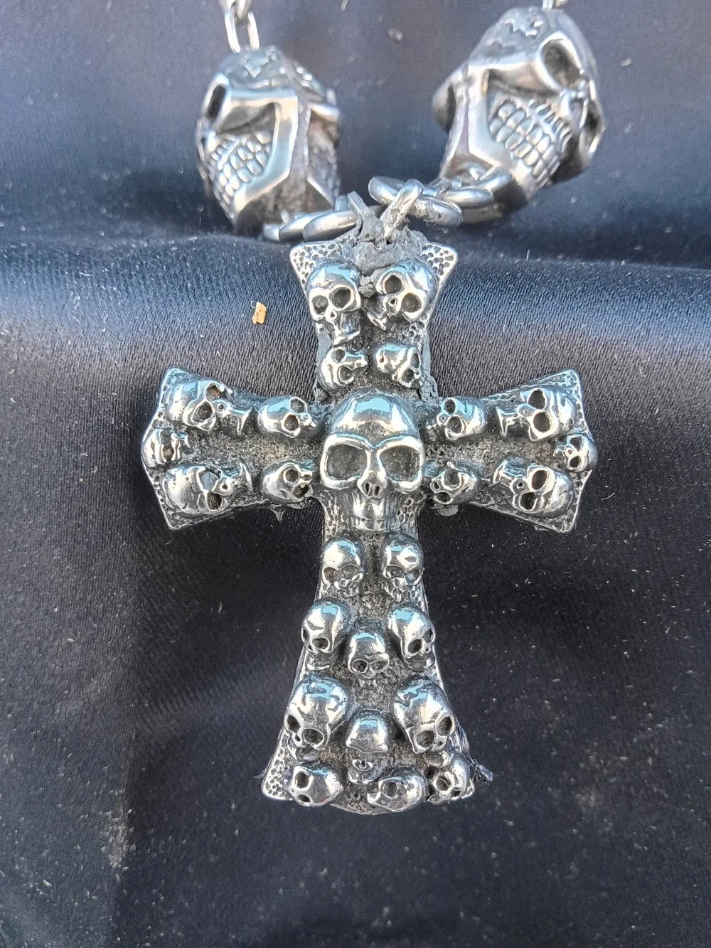 Men's Skull Link Cross Necklace - Silver Tone